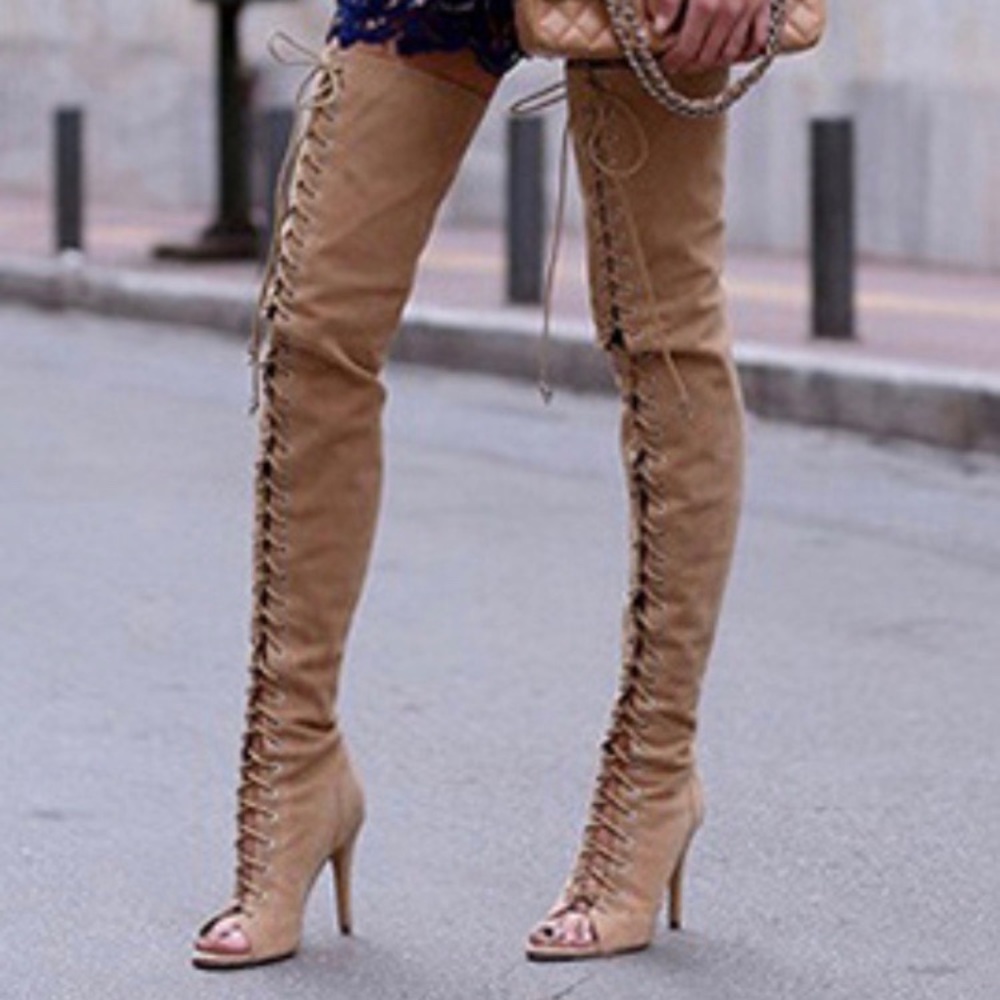 Beige Suede Thigh High Peep Toe Boots 7.5